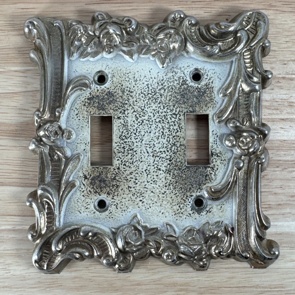 Vintage Silver Tone Cast Metal Double Switch Plate Cover Victorian Rose
